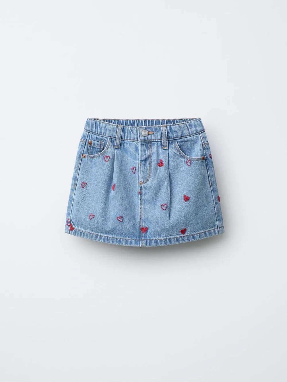 Zara Light Blue Denim Skirt with Red Heart Accents